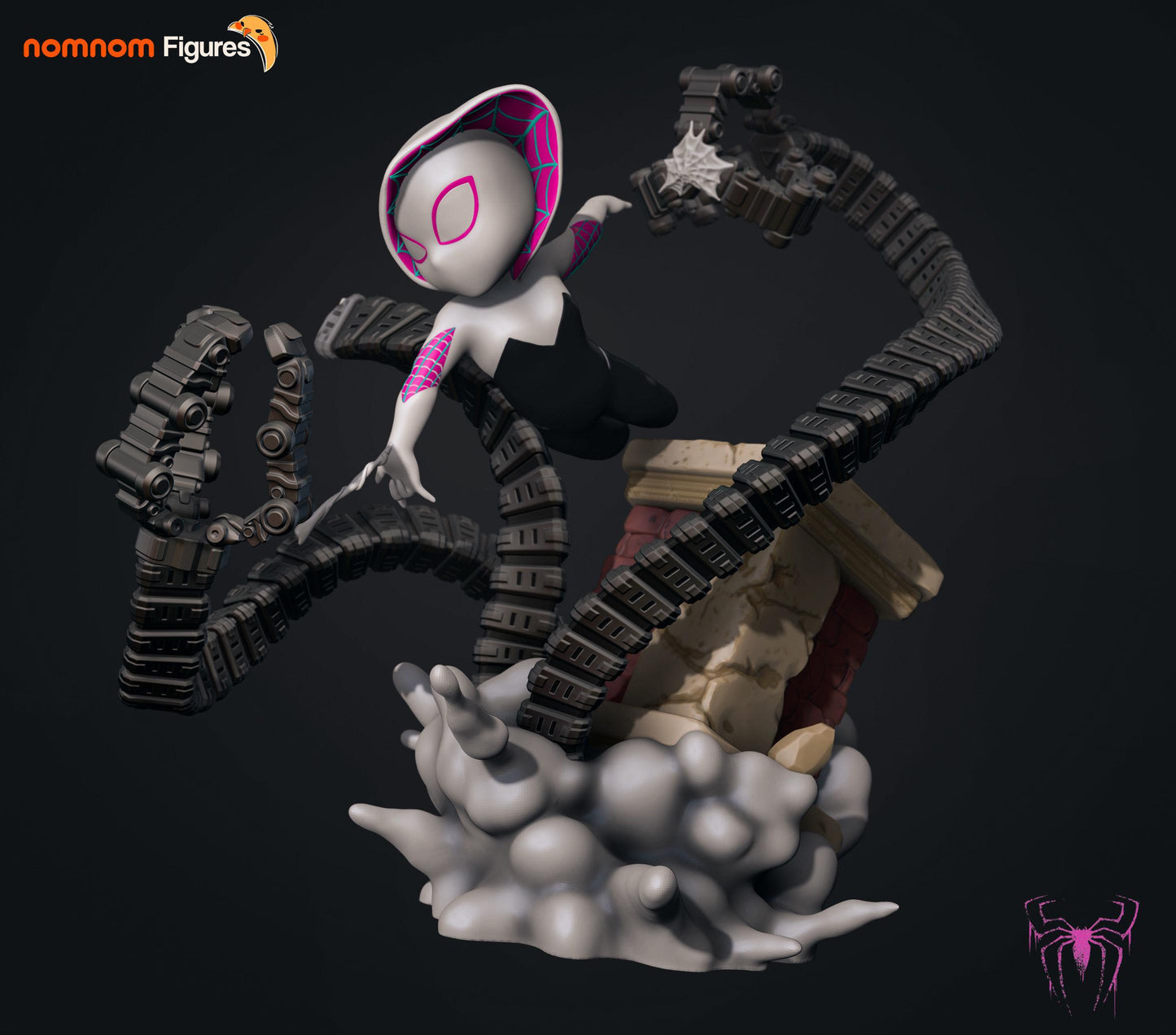 Chibi Spider-Gwen | 3-Inch Resin Model Kit | DIY Rooftop Battle Scene with Mecha Tentacles