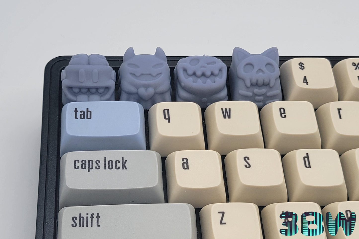Creepy Cute Halloween Keycap Set | Unpainted Resin Artisan Caps | Cherry MX | Skeleton Cat, Pumpkin, Ghost, Brain Monkey