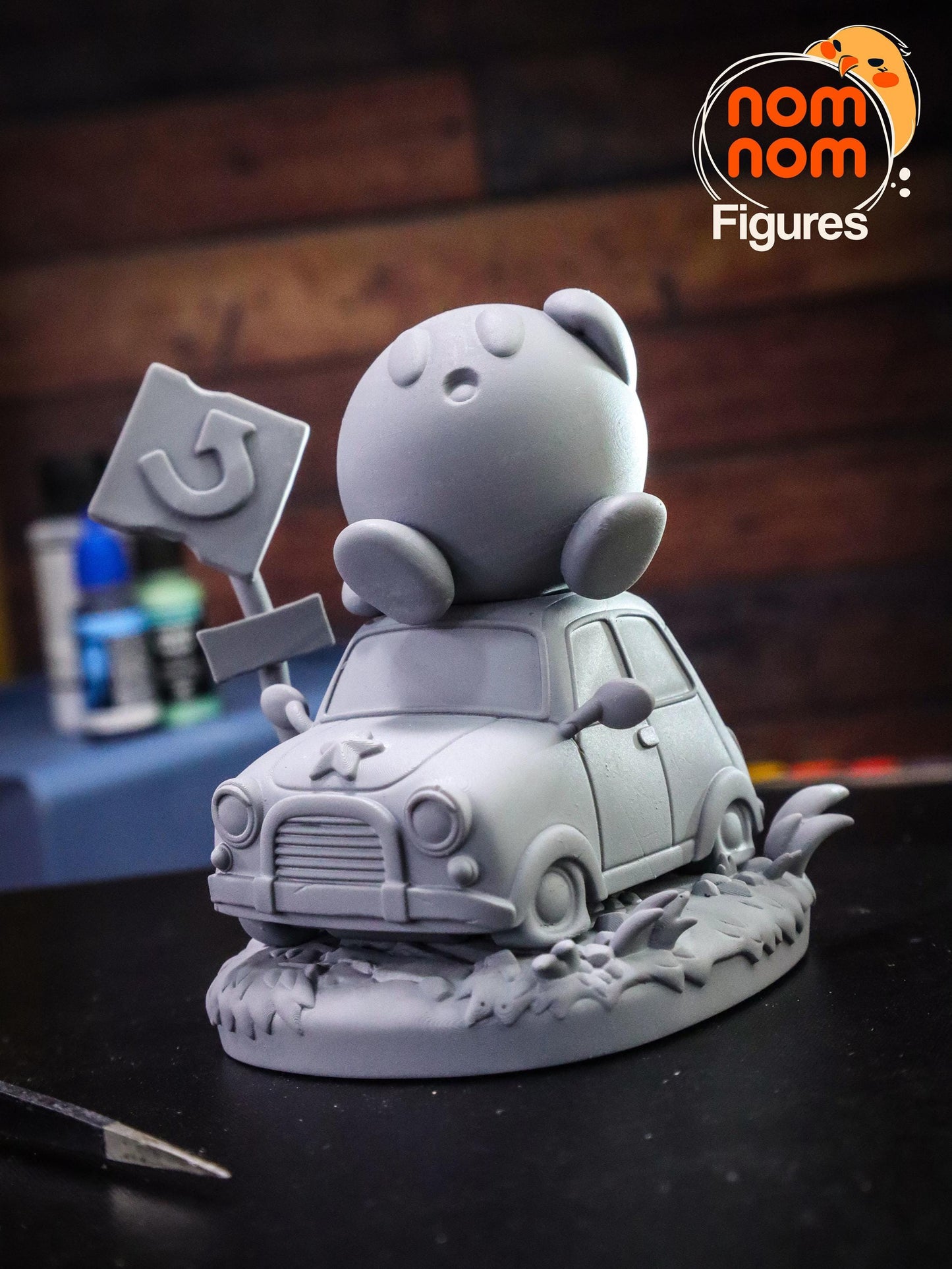 Chibi Kirby on Broken Car | 2.5-Inch Resin Model Kit | DIY U-Turn Scene with Flat Tires