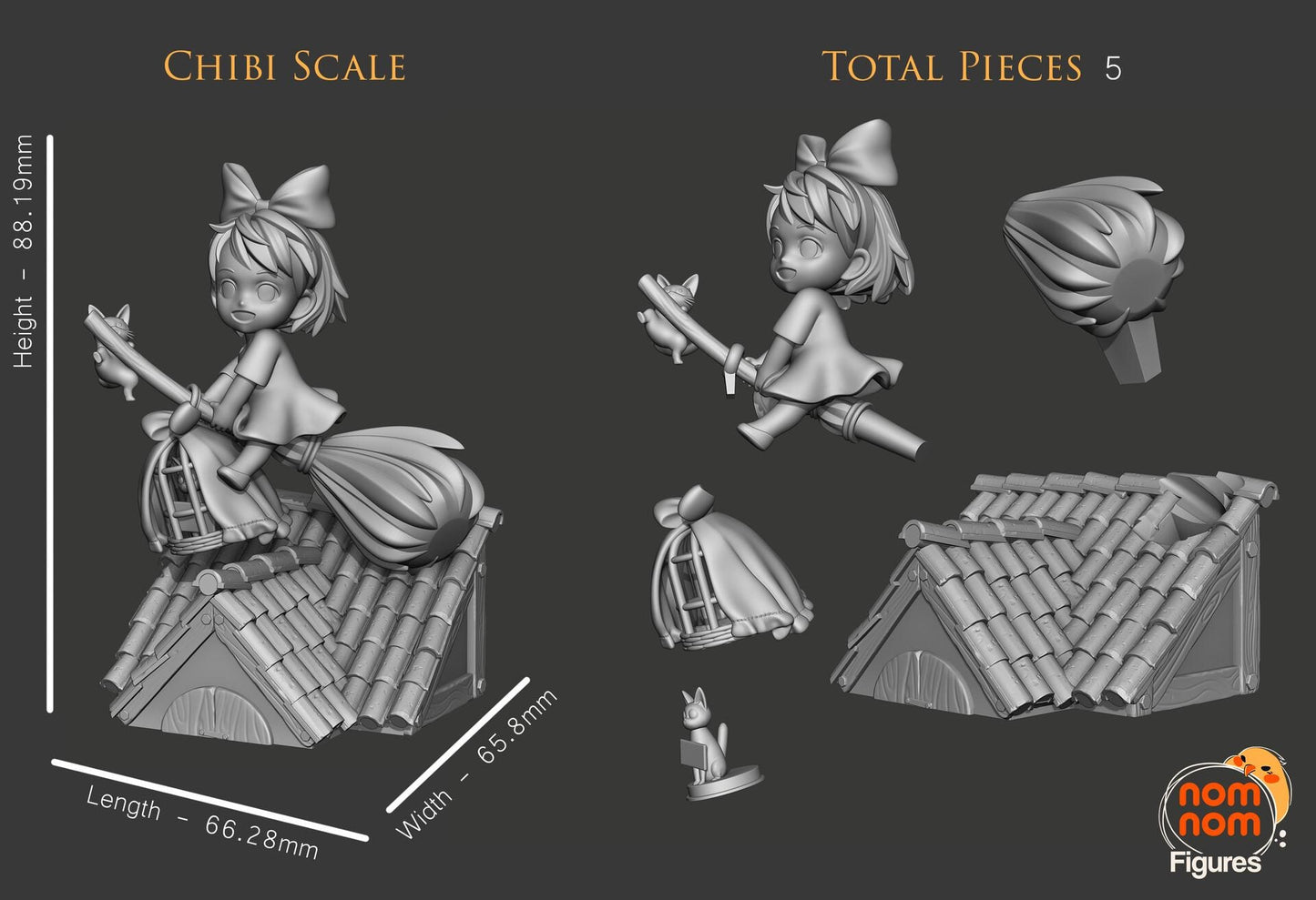 Chibi Kiki on Broom | 3.5-Inch Resin Model Kit | DIY Kiki's Delivery Service Flying Scene with Cats