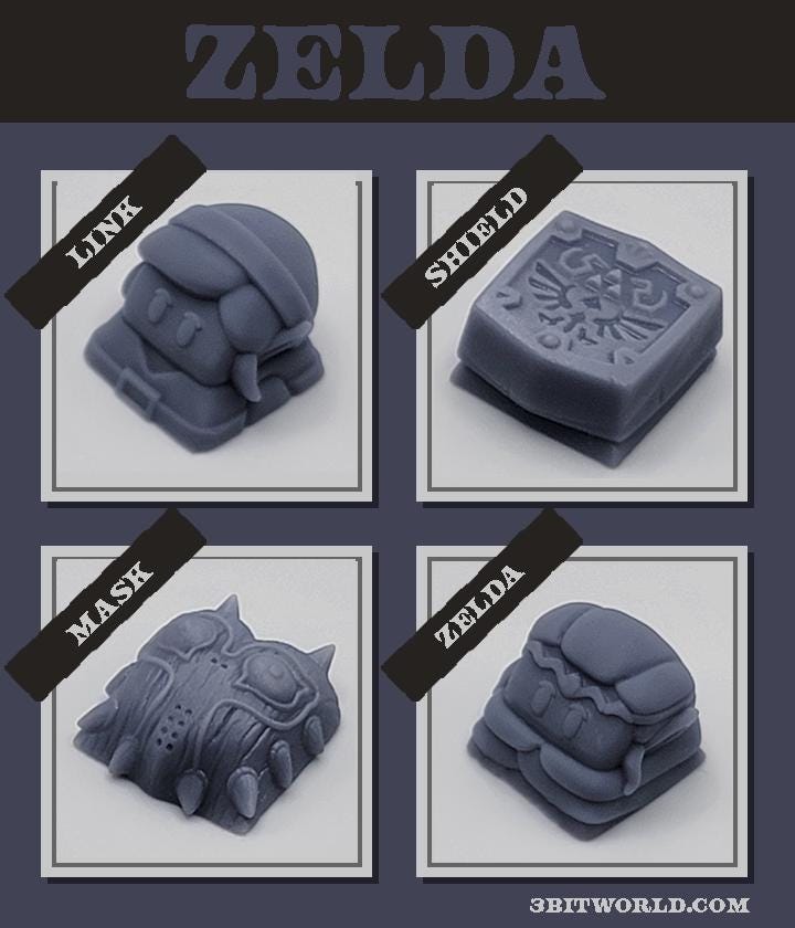 Zelda Keycap Set | Unpainted Resin Artisan Caps | Cherry MX | Link, Zelda, Hylian Shield, Majora Mask