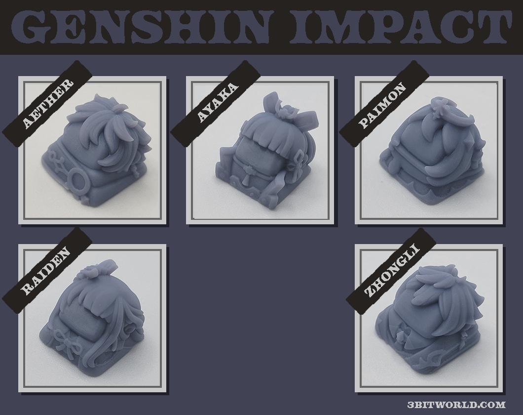 Genshin Impact Keycap Set | Unpainted Resin Artisan Caps | Cherry MX | Aether, Ayaka, Paimon, Zhongli, Raiden Shogun