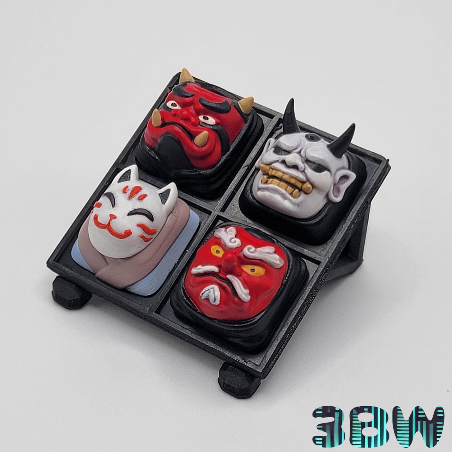 Japanese Mask Keycap Set | Handpainted Resin Artisan Caps | Cherry MX Compatible | Oni, Hannya, Kitsune, Tengu