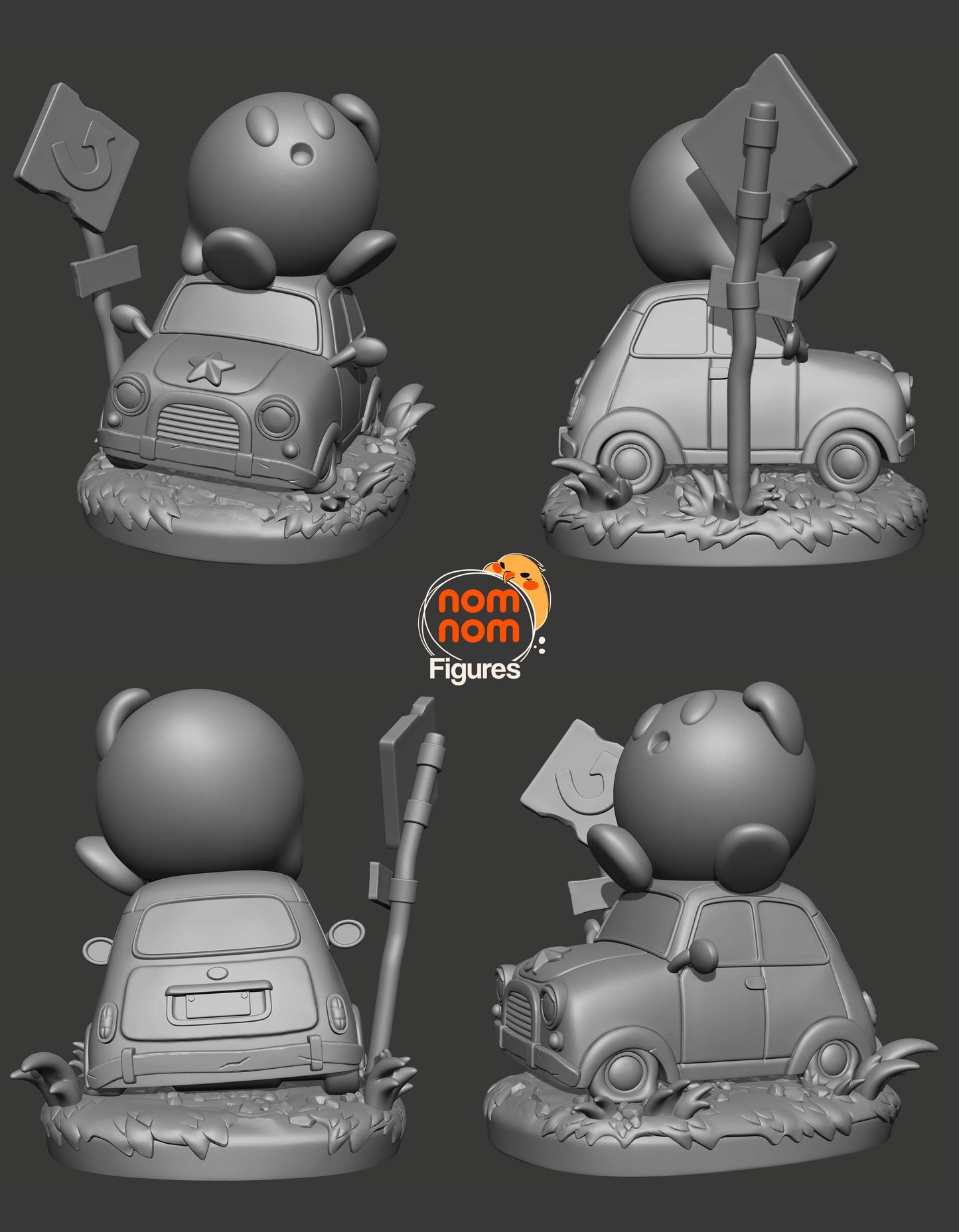 Chibi Kirby on Broken Car | 2.5-Inch Resin Model Kit | DIY U-Turn Scene with Flat Tires