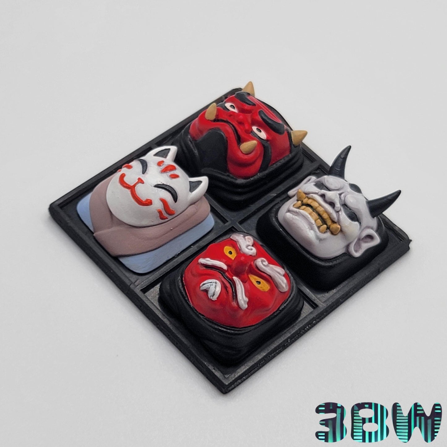 Japanese Mask Keycap Set | Handpainted Resin Artisan Caps | Cherry MX Compatible | Oni, Hannya, Kitsune, Tengu
