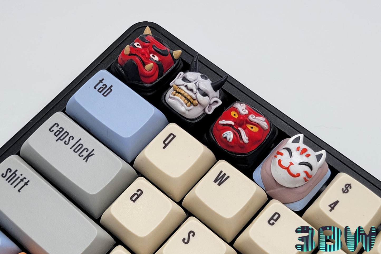 Japanese Mask Keycap Set | Handpainted Resin Artisan Caps | Cherry MX Compatible | Oni, Hannya, Kitsune, Tengu