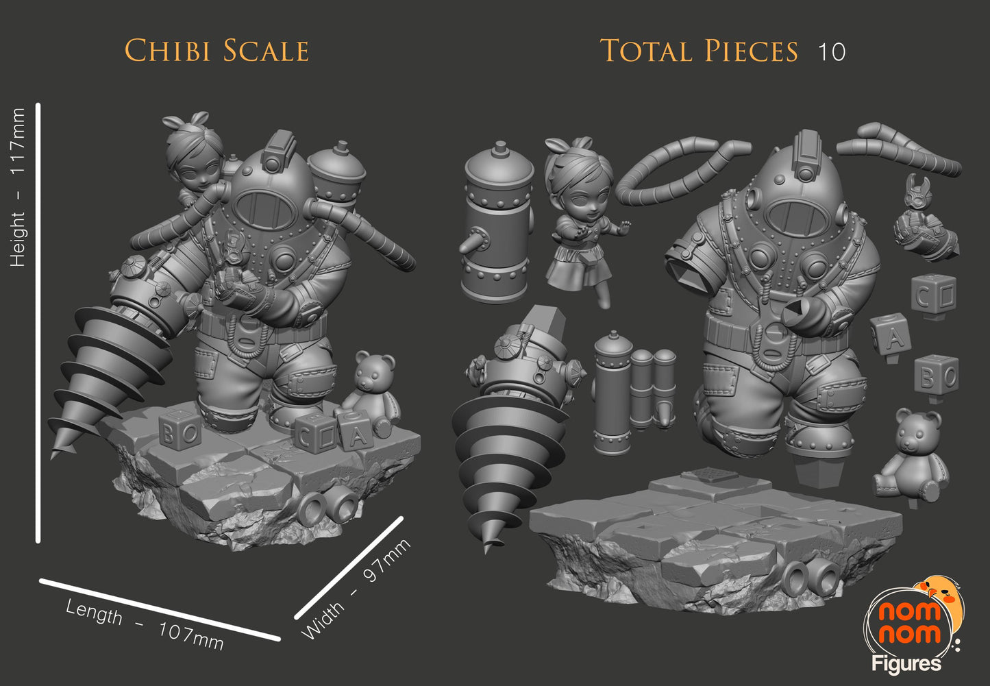 Chibi Big Daddy and Little Sister | 4.5-Inch Resin Model Kit | DIY BioShock Duo