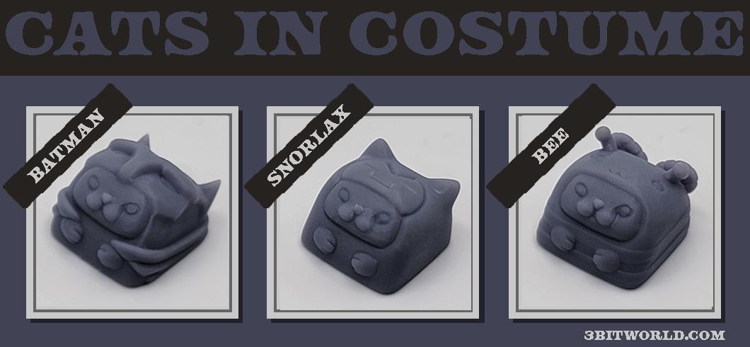 Chibi Cat Costume Keycap Set | Unpainted Resin Artisan Caps | Cherry MX | Batman Cat, Snorlax Cat, Bee Cat