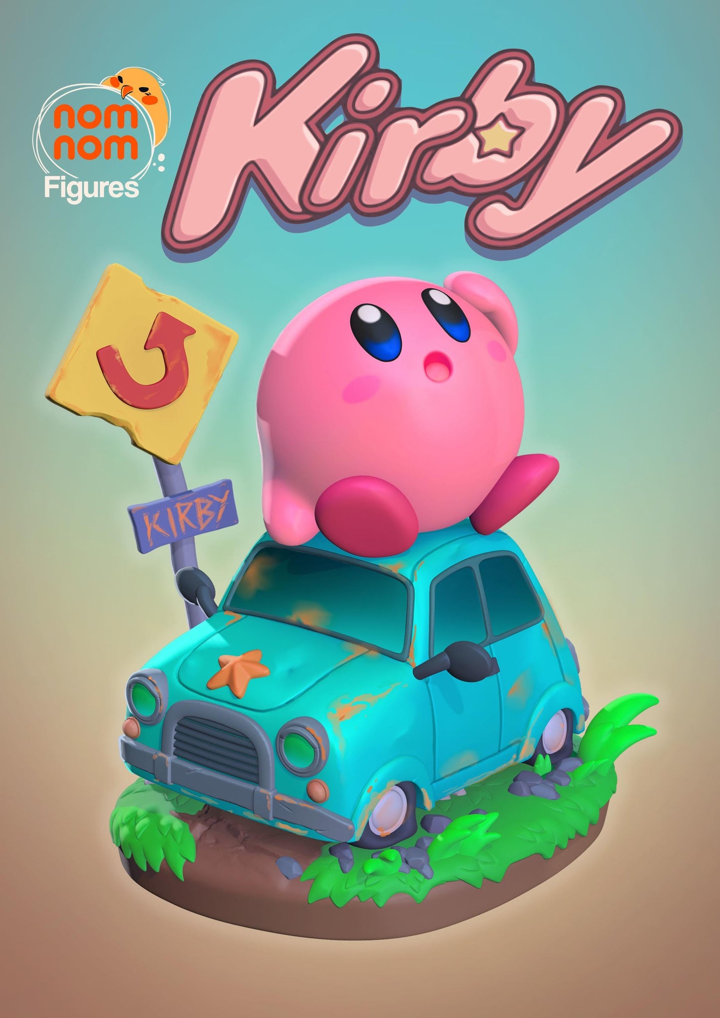 Chibi Kirby on Broken Car | 2.5-Inch Resin Model Kit | DIY U-Turn Scene with Flat Tires