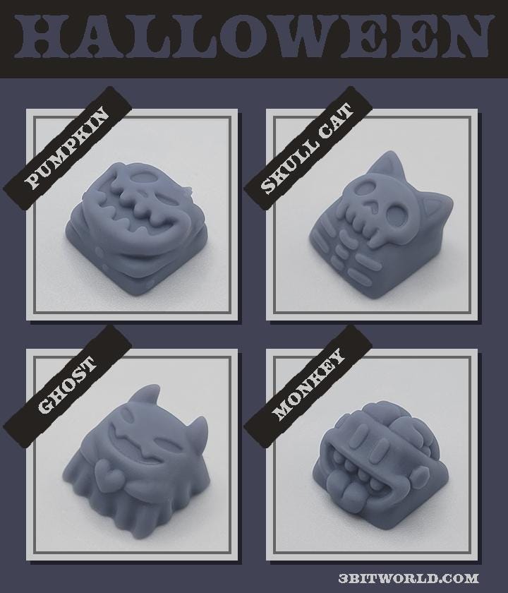 Creepy Cute Halloween Keycap Set | Unpainted Resin Artisan Caps | Cherry MX | Skeleton Cat, Pumpkin, Ghost, Brain Monkey