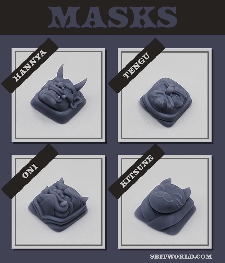Japanese Mask Keycap Set | Unpainted Resin Artisan Caps | Cherry MX  | Oni, Hannya, Kitsune, Tengu