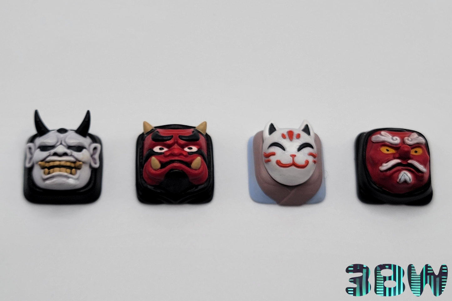 Japanese Mask Keycap Set | Handpainted Resin Artisan Caps | Cherry MX Compatible | Oni, Hannya, Kitsune, Tengu