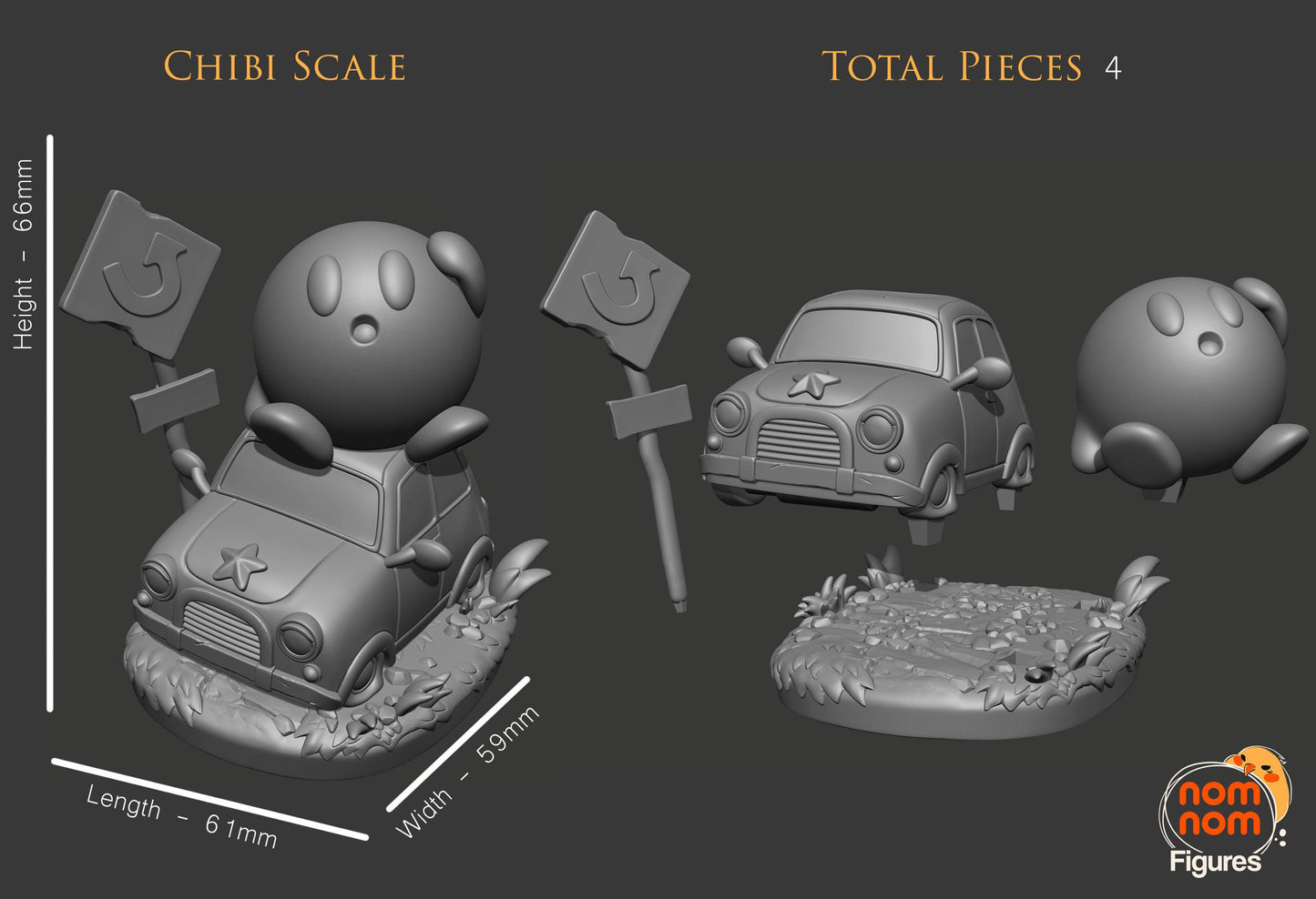 Chibi Kirby on Broken Car | 2.5-Inch Resin Model Kit | DIY U-Turn Scene with Flat Tires