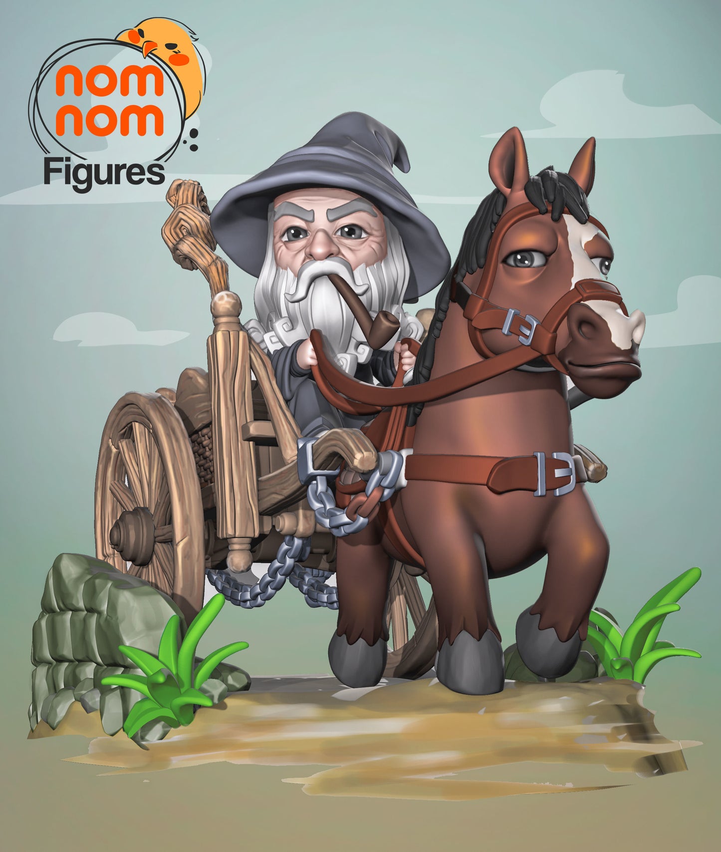 Chibi Gandalf the Grey | 3" Resin Model Kit | DIY Lord of the Rings Wizard with Cart