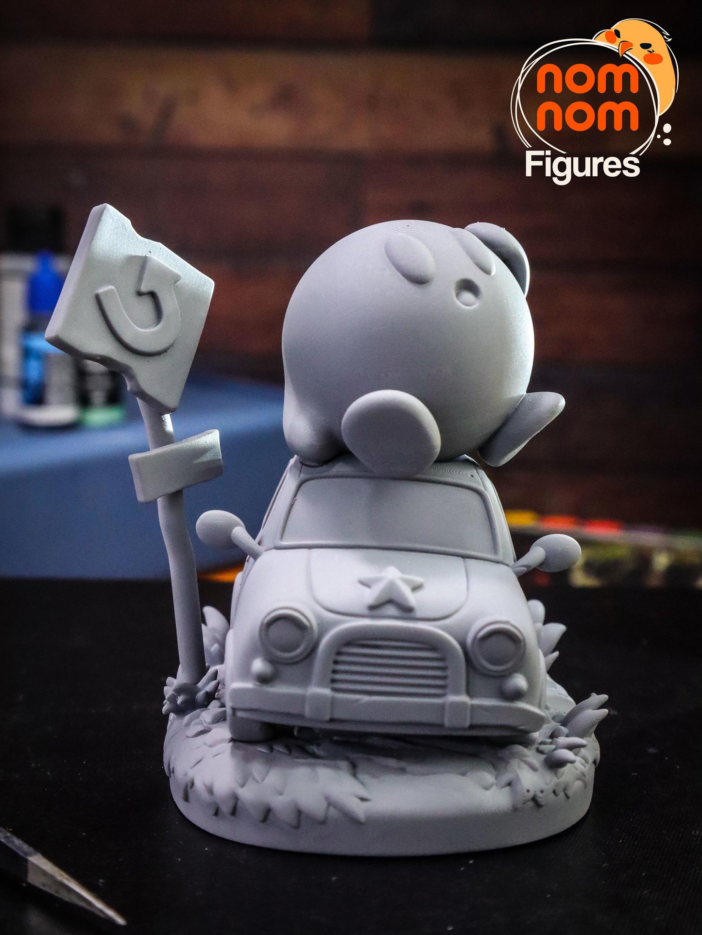 Chibi Kirby on Broken Car | 2.5-Inch Resin Model Kit | DIY U-Turn Scene with Flat Tires