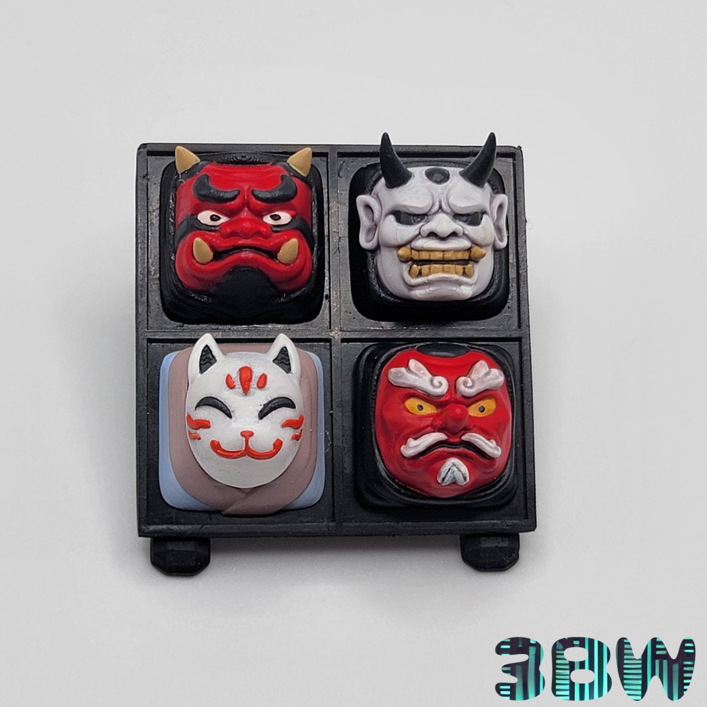 Japanese Mask Keycap Set | Handpainted Resin Artisan Caps | Cherry MX Compatible | Oni, Hannya, Kitsune, Tengu